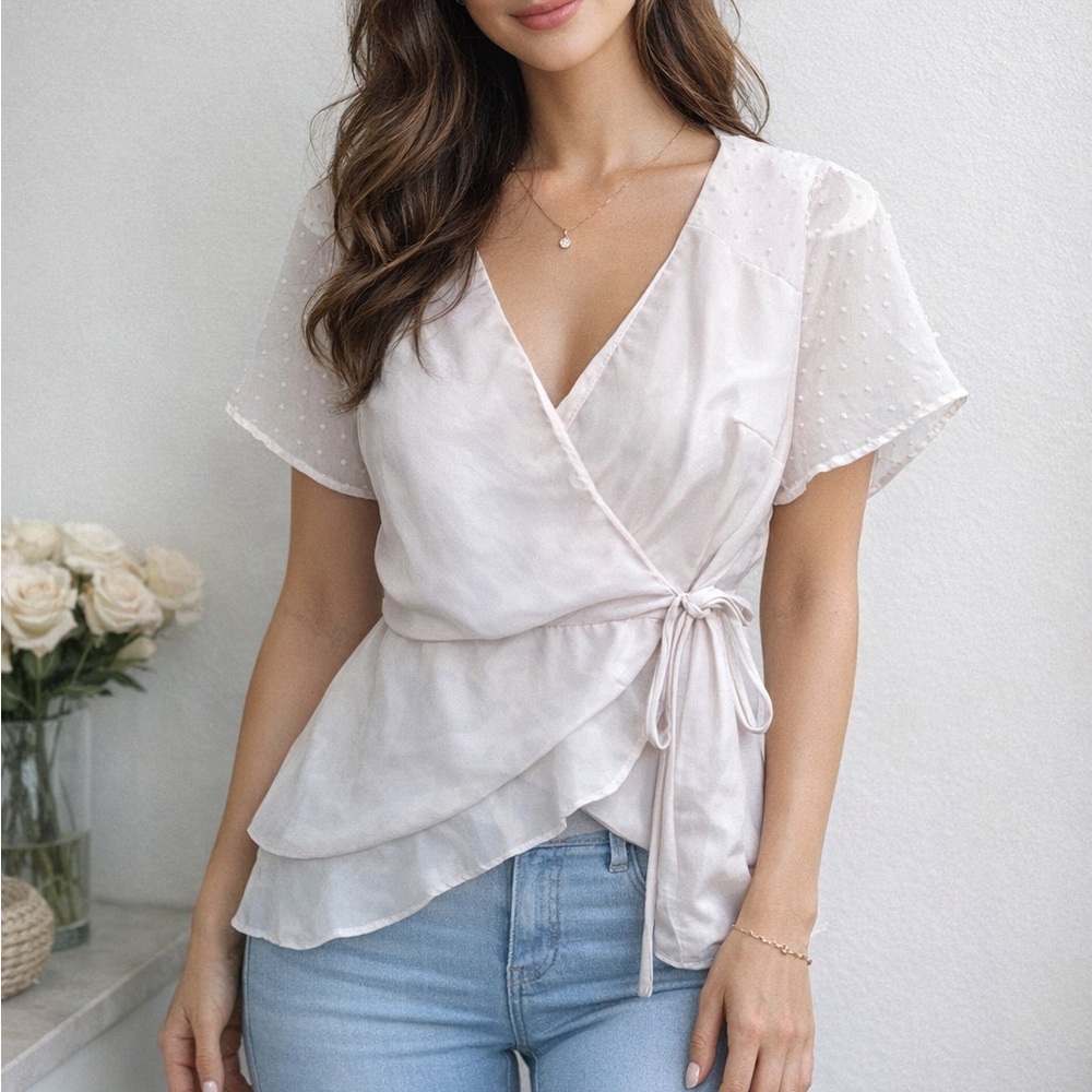 FRANCESCA’S Blue Rain White Wrap Blouse • Swiss Dot Sheer Sleeves • Ruffled Hem